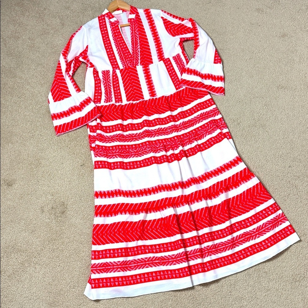 Silk And Salt Dress Aztec Print Boho Red White Midi Length Oversized Easy Fit - Picture 9 of 16